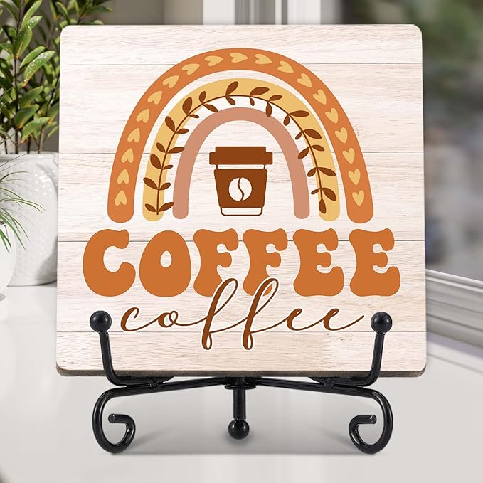 Coffee Bar Decor, Farmhouse Kitchen Table Decor, Coffee Station Accessories, Wooden Decorative Sign with Iron Stand for Table Desk Shelf Display-E28