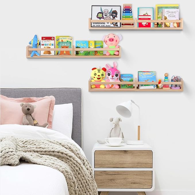 Nursery Book Shelves for Wall Set of 3，Natural Wood Wall Bookshelves for Kids Room(32 inches Set of 3)