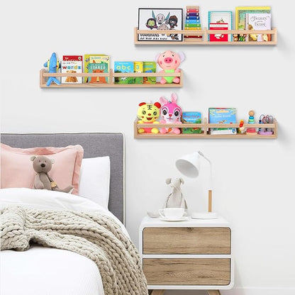 Nursery Book Shelves for Wall Set of 3，Natural Wood Wall Bookshelves for Kids Room(32 inches Set of 3)