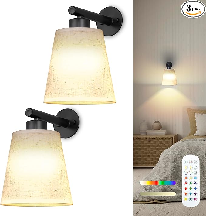 Battery Operated Wall Sconce Set of 2,Gold Rechargeable Wall Lights with Lampshade Dimmable RGB Bulbs and Remote,15 Colors Wireless Wall Lamps for Bedroom Living Room (Black)