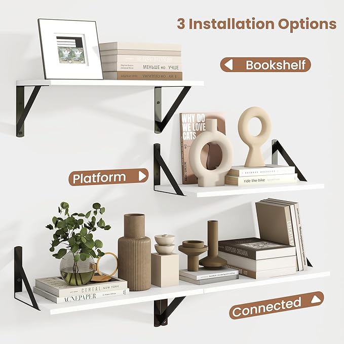 Axeman White Floating Shelves for Wall, 16''W x 8''D Floating Shelves Set of 2, 8 Inch Deep Wall Shelves for Bookshelf Living Room Bedroom Home Office Bathroom