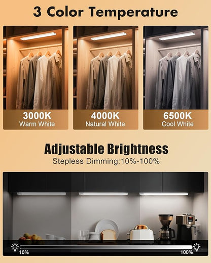 maylit 6 Pack Under Cabinet Lighting, 3 Color Temps Motion Sensor Light Indoor, Rechargeable Battery Operated Lights, Wireless Magnetic Light Bar for Kitchen Counter Closet Stair Shelf Display