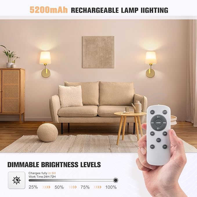 VOLISUN Battery Operated Wall Sconce Set of Two,Gold Wireless Sconces Set of 2 Rechargeable,Battery Operated Wall Lights for Bedroom Living Room Hallway(9 Colors)