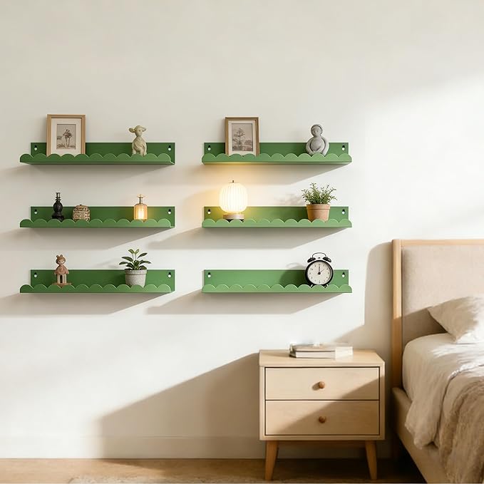 Nursery Book Shelves Set of 6, Green Metal Floating Shelves for Wall, 16 Inch Scalloped Book Shelf for Kids Room, Bathroom, Bedroom, Playroom Wall Decor & Storage