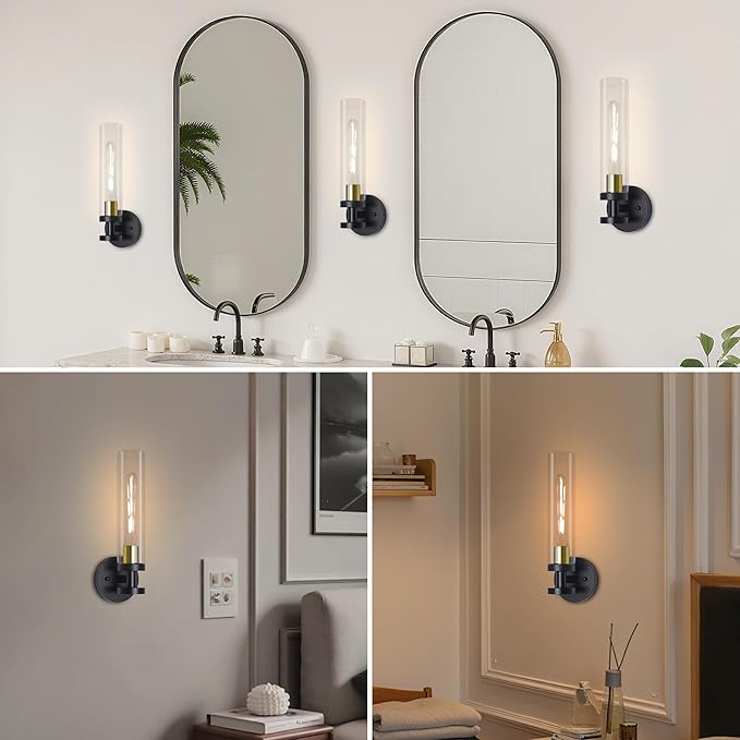 Wall Sconces Set of Two, Bathroom Sconces with Clear Glass, Hardwired Sconces Wall Decor Set of 2, Modern Wall Lights for Living Room Mirror Bedroom Hallway Kitchen (Gold and Black)