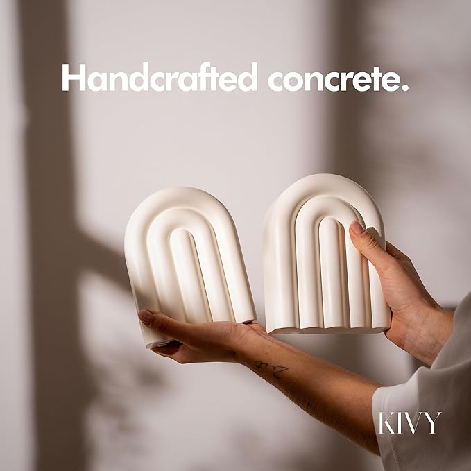 Concrete Book Ends for Shelves [Heavy Duty BOOKENDS] - Bookends Decorative for Heavy Books - Modern Trendy Book Ends - Book Stopper for Shelves - Book Holders for Shelves (White Bookends)