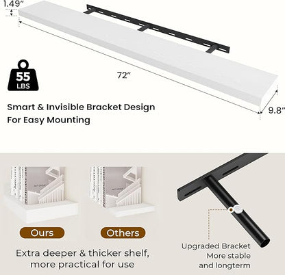 Dreamland 72 Inches Floating Shelves for Wall, 9.8" Deep Long Floating Shelves Set of 1, Large Display & Storage Shelf, Wall Shelf for Bathroom Bedroom Living Room Kitchen Office, White