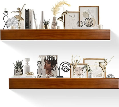 32 Inch Picture Ledge Shelf with Lip,Floating Shelves for Wall, Set of 2 Solid Pine Wood Shelves with Invisible Brackets, Wall Storage for Living Room, Bedroom, Kitchen, Bathroom(Dark Brown)