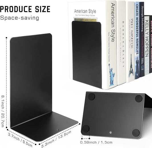 VONDERSO Metal Bookends Black, 2 Pairs Decorative Metal Book End Supports for Shelves Gauge Book Divider Stopper Holders with Non-Slip Anti-Scratch Rubber Pads