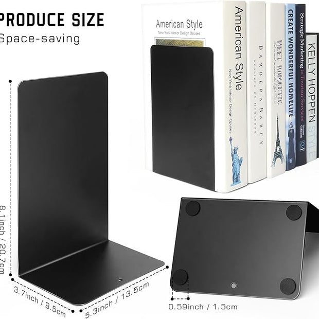 VONDERSO Metal Bookends Black, 2 Pairs Decorative Metal Book End Supports for Shelves Gauge Book Divider Stopper Holders with Non-Slip Anti-Scratch Rubber Pads