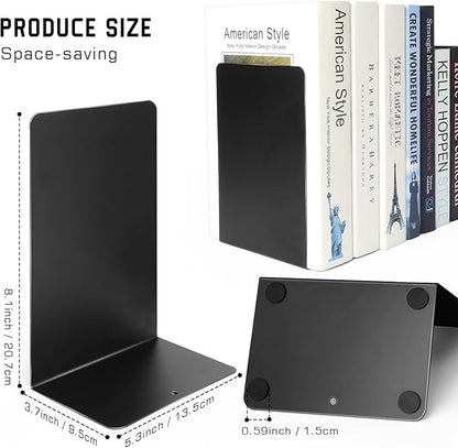 VONDERSO Metal Bookends, 4 Pairs Black Metal Book Ends Heavy Duty for Shelves Decor Home Office, Unique Black Bookends Supports Anti-Slip for Kids
