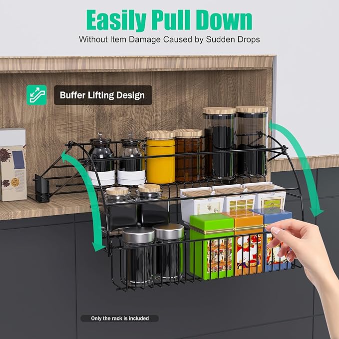 3 Tier Spice Rack Metal Seasoning Storage Shelf Cabinet-mounted Spice Holder Kitchen Storage Organizer Shelf with Guardrail and Mesh Design for Kitchen, Countertop, Dining Room, Black