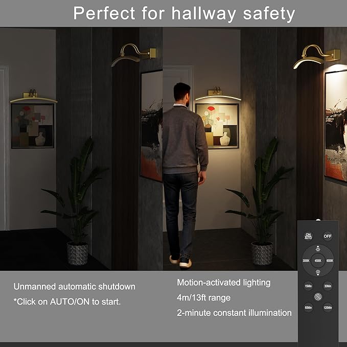 PAIHOME Picture Light for Wall Battery Operated, Rechargeable Magnetic Picture light with Smart Motion Sensor, Remote Dimmable & Timer, ‌16in Gold Wireless Art Lighting for Paintings Gallery Portraits