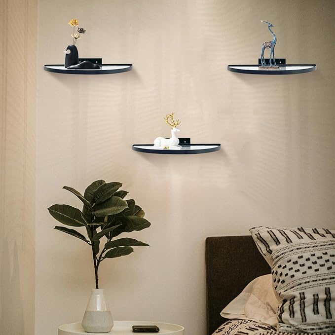Cityelf Floating Shelves Wall Mounted Wall Decor Iron Glass Hanging Shelf Home Decor Set of 3 Display Ledge Shelves for Living Room Bedroom Office-Black