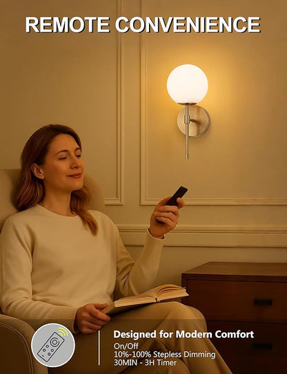 Battery Operated Wall Sconces Set of 2, Glass Globe Wireless Lights with Remote & Touch Control, Rechargeable Brushed Gold Sconce, 3 Color Dimmable Ambient Lighting for Bedroom Living Room