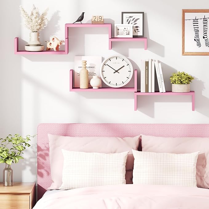 SRIWATANA Floating Shelves, Wall Shelves for Bathroom, Bedroom, Living Room, Kitchen, Office, Wood Shelves for Wall Decor Set of 5 (Pink)