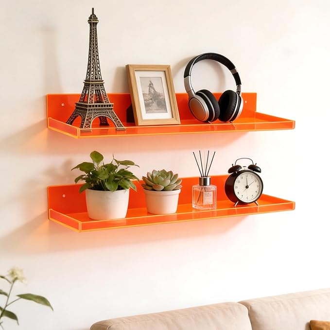 Floating Shelves for Wall Acrylic Wall Shelves for Bedroom Bathroom Living Room Kitchen 16.5X5.5'', Pack of 2, Neon Orange