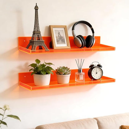 Floating Shelves for Wall Acrylic Wall Shelves for Bedroom Bathroom Living Room Kitchen 16.5X5.5'', Pack of 2, Neon Orange