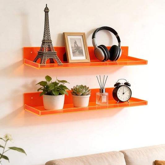 Floating Shelves for Wall Acrylic Wall Shelves for Bedroom Bathroom Living Room Kitchen 16.5X5.5'', Pack of 2, Neon Orange