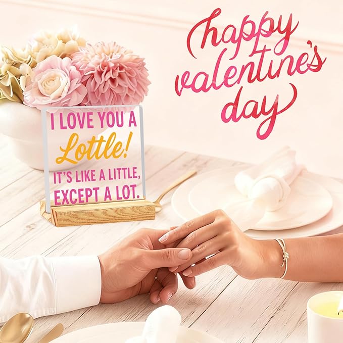 Valentines Desk Decor, Happy Valentine's Day Home Office Table Sign for Porch Tiered Tray Shelf Party, Rustic Romantic Acrylic Gifts Decorations for Him Her Wife, I Love You A Lottle