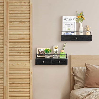 Floating Shelves - Wall Mounted Bathroom Shelf Set of 2 with Drawers, Rustic Wood Shelves for Bedroom, Living Room, Kitchen, Home Decor, Plants, Books (Black)