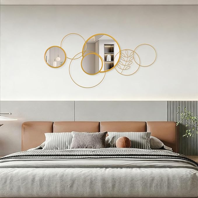 Golden Wall Mirror Set, Wall Mounted Metal Circle Mirror Set Modern Round Decorative Mirrors for Living Room Bedroom Bathroom Entryway 20x40 Inch Home Decor