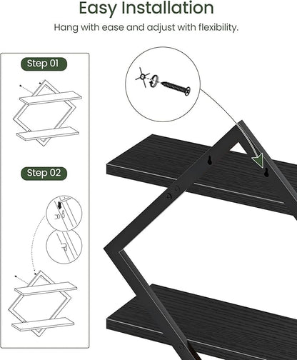 Floating Shelves, Set of 2 Wall Shelves, 2-Tier Hanging Shelves, Wall Shelf Set of 2, Wall Mounted Shelves, for Living Room, Bedroom, Kitchen, Office, Study, Black TBJ01P2BB