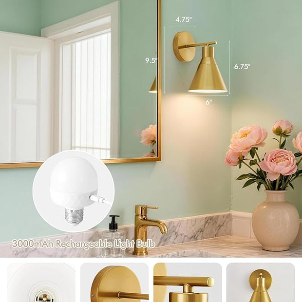 Modern Wireless Battery Operated Wall Sconces, Gold Rechargeable Cordless LED Wall Lights Set of Two, Dimmable Battery Powered Wall Decor Lamp Fixture with Remote Control for Bedroom Indoor