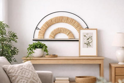 Urban Lifestyle Boho Rainbow Floating Wall Shelf, Arched Woven Wood Shelf with Metal Frame, Modern Natural Wall Décor
