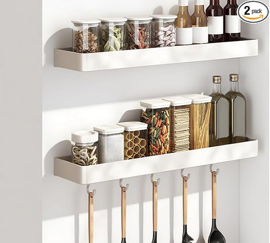 SEIDO Space-Saving Kitchen Utensil Holder | No-Drill Shelf Organizer | Wall Mount Spice Rack with Hooks | Space Aluminum | 24 Inch Long | White | 2-Piece Set