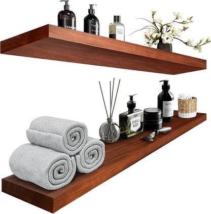 Habudda Floating Shelves, Wall Hanging Wood Shelf for Rustic Home Decor, Bathroom, Bedroom, Kitchen Display, Natural Wood, Invisible Bracket, 30", 2-Pack (30"×6.7"×1.6", Red Brown)