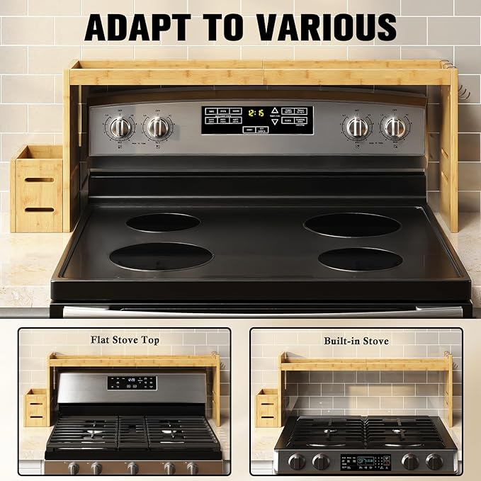 Bamboo Stove Shelf, Spice Shelf for Kitchen Stove, 31in Over the Stove Shelf, Stove Top Shelf for Back of Stove with EVA Kitchen Liner, Utensil Holder & 6 Hooks, for Over Stove