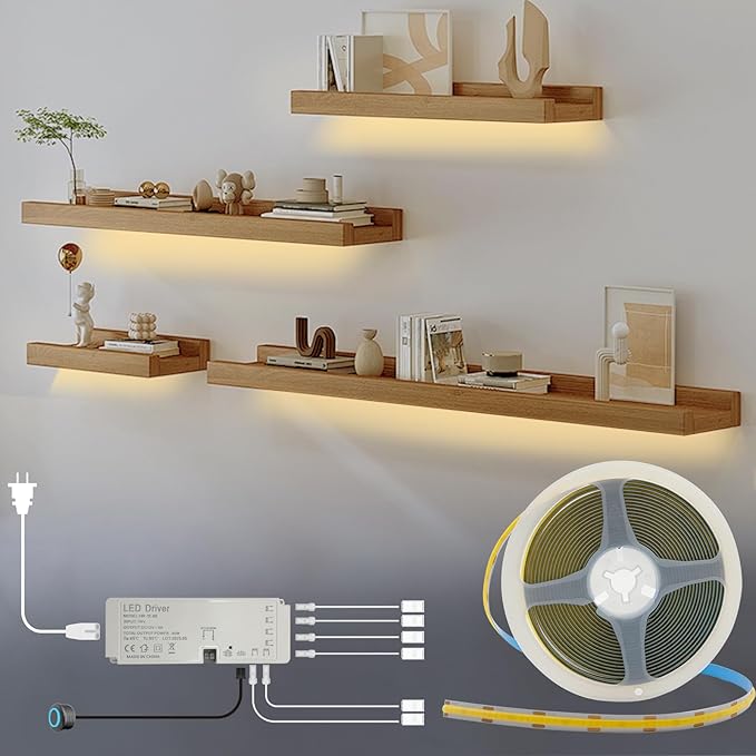 HAMRVL Shelf Lights 12V COB LED Strip Lights, 16.4ft 3000k Plug-in DIY Cut to Size Warm White LED Strip Lights, Dimmable Under Shelf Lighting for Book Shelf, Display Case, Wardrobes, Cabinets, Pantry