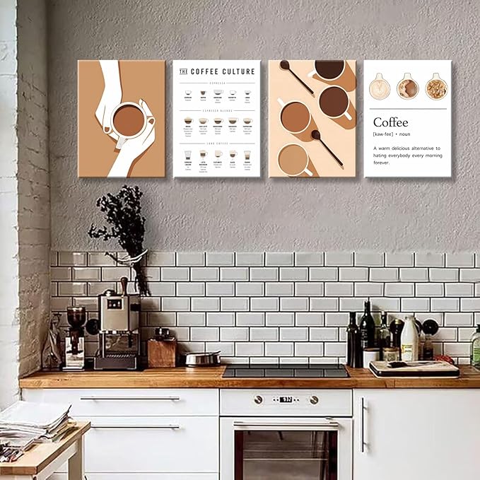 NCYEL 4pcs Modern Minimalist Coffee Wall Art Kitchen Coffee Shop Pictures Simple Home Decor Aesthetic Posters Neutral Brown and Beige Bar Decor 12x16 Inch