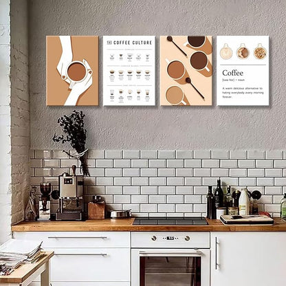 NCYEL 4pcs Modern Minimalist Coffee Wall Art Kitchen Coffee Shop Pictures Simple Home Decor Aesthetic Posters Neutral Brown and Beige Bar Decor 12x16 Inch