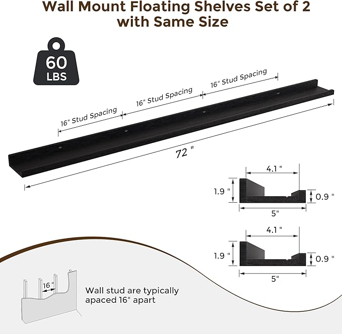RICHFOCUS Floating Shelves for Wall, 72 inch Solid Wood Picture Ledge Shelf for Wall Storage, Nursery Book Shelves with Lip for Living Room Bathroom Bedroom Kitchen, Set of 2, Distressed Black