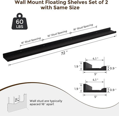 RICHFOCUS Floating Shelves for Wall, 72 inch Solid Wood Picture Ledge Shelf for Wall Storage, Nursery Book Shelves with Lip for Living Room Bathroom Bedroom Kitchen, Set of 2, Distressed Black