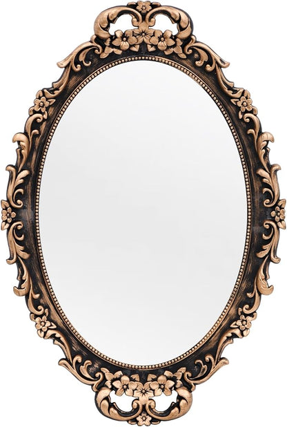 Vintage Decorative Gold Framed Mirror, Wall Hanging Mirrors & Tabletop Tray for Bedroom Living Room Dresser Decor, Oval- 9.6" W x 14.3" L (Bronze)