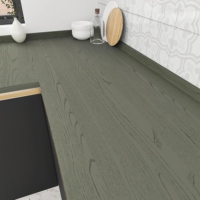 Wallercity Thick Green Wood Grain Contact Paper for Countertops Peel and Stick Green Wallpaper Self Adhesive Removable Vinyl Wrap for Counters Wood Wallpapers for Bathroom Kitchen Cabinets 15.8x236 IN