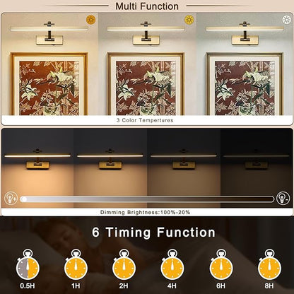 Wireless Picture Lights with Remote and Timer Brass Gallery Lighting Rechargeable Wireless Art Lights 3CCT Dimmable Painting Lights Battery operated wall lights for Portrait artwork display 3W 16"
