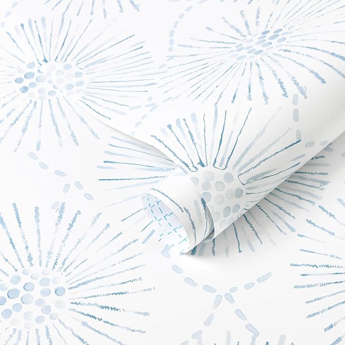 Boho Wallpaper Blue Wall Paper Peel and Stick Modern Blue and White Geometric Fireworks Contact Paper Renter Friendly Self-Adhesive Removable Bathroom Bedroom Laundry Room 17.3" × 197"