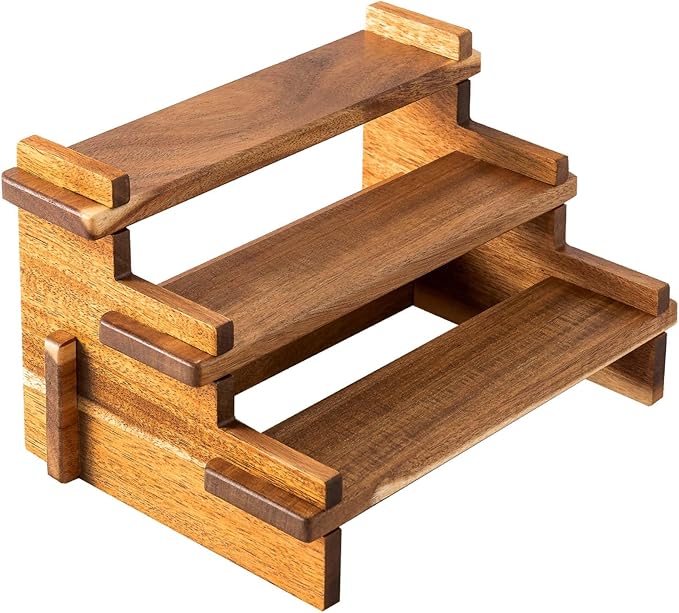 Acacia Wood Tiered Spice Rack Shelf Organizer for Cabinet, Small Cupcake Stand, Spice Racks Risers for Inside Cabinets, Wooden Pantry Spice Jar Rack, Seasoning Perfume Cologne Fragrance 3 Tier Display