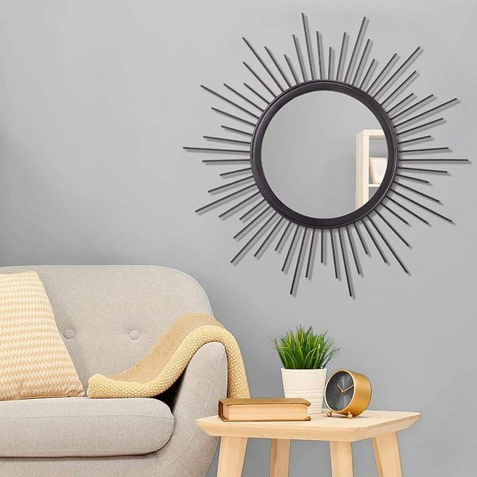 Sunburst Wall Mirror, Black Large Spoked Wall Decor Mirror Bohemian Home Round Modern Metal Wall Art Mirror for Living Room Hallway Bedroom Bathroom 24
