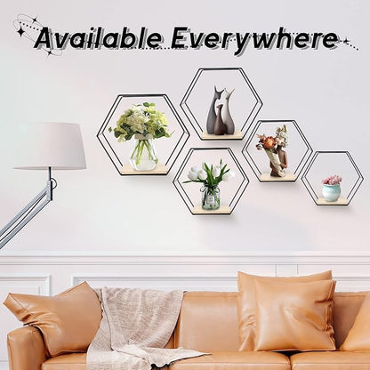 Wall Mounted Hexagonal Floating Shelves Black Set of 5 in Different Sizes, Modern Metal Shelf, Simple Wood Partition Storage Shelves, Decor Rack for Bedroom, Living Room, Kitchen and Office