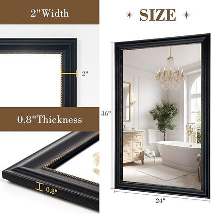 Axeman 24x36 Rectangular Wall Mirror, Decorative Bathroom Mirror, Traditional Vintage Wall Mounted Mirror with Beaded Frame for Accent Living Room Vanity Bedroom Entryway, Black