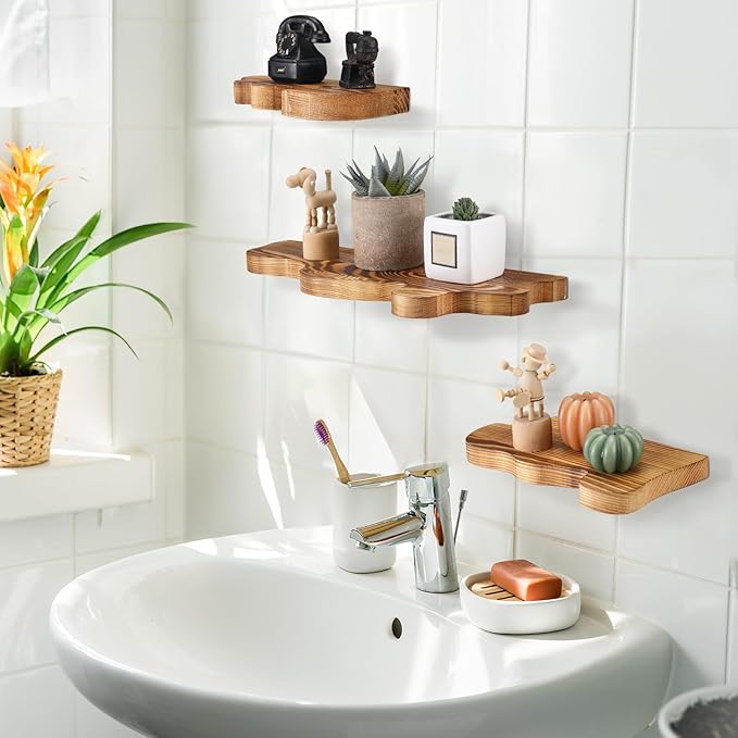 Suzile Set of 3 Small Rustic Wave Edge Floating Shelf 3 Size Live Edge Wooden Shelf with Metal Bracket Wall Mounted Display Ledge Shelves Farmhouse Vintage Wall Decor for Living Room Bedroom (Brown)