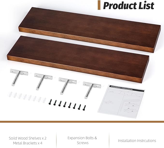 Floating Shelves (Set of 2) – Wall Mounted Shelves for Home Décor and Storage, Natural Pine Wood, Suitable for Living Room and Bedroom (Brown, 23.6" x 5.7" x 1.0")