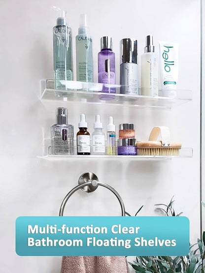 Albumgit 4 Pack Acrylic Shelves for Wall Storage, Self-Adhesive 15" Clear Floating Shelf for Pop Figures, Picture, Perfume, Books, Wall Shelf Organizer for Bathroom, Living Room, Bedroom, Kitchen