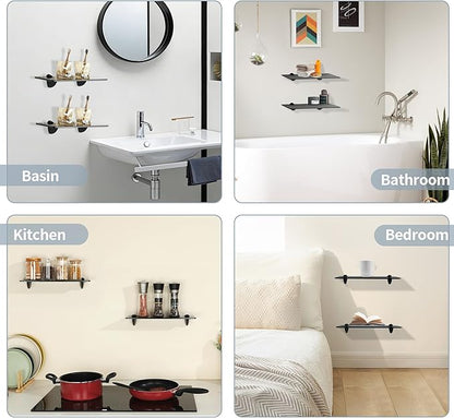 Alise Bathroom Glass Shelf, 15 Inch Floating Shelves, Tempered Shower Storage, Wall Mount Small Glass Shelves for Bathroom, Showers, Over The Toilet, Matte Black