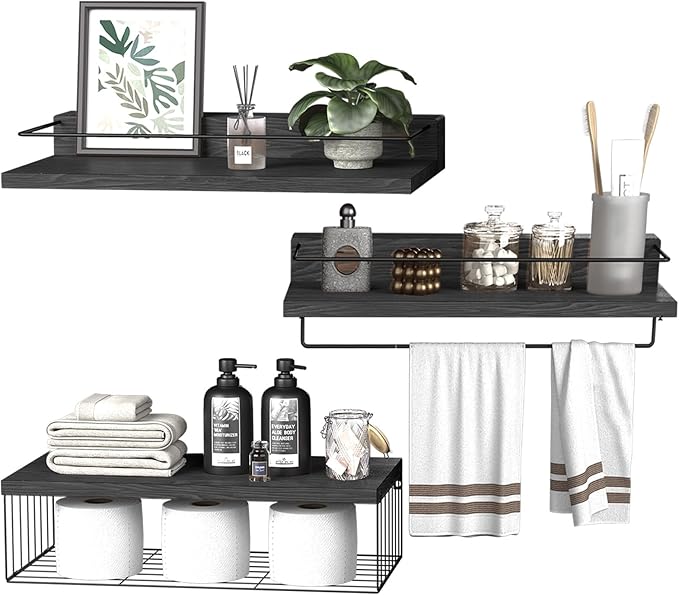 22.5 inches Bathroom Shelves Over Toilet for Wall, Floating Shelves with Storage Basket Paper Holer for Kitchen Living Room, Bedroom & Classroom, Set of 3 (Black)